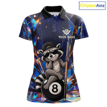 Load image into Gallery viewer, Funny raccoon crystal 8 ball billiard polo shirt for women with custom pool team graphics.