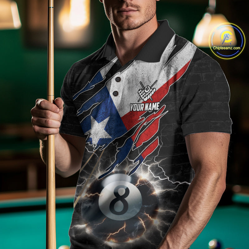 Man Wearing Texas Flag Lightning 8 Ball Billiard Polo Shirt with Athletic Fit and Bold Patriotic Graphic Design, Front View