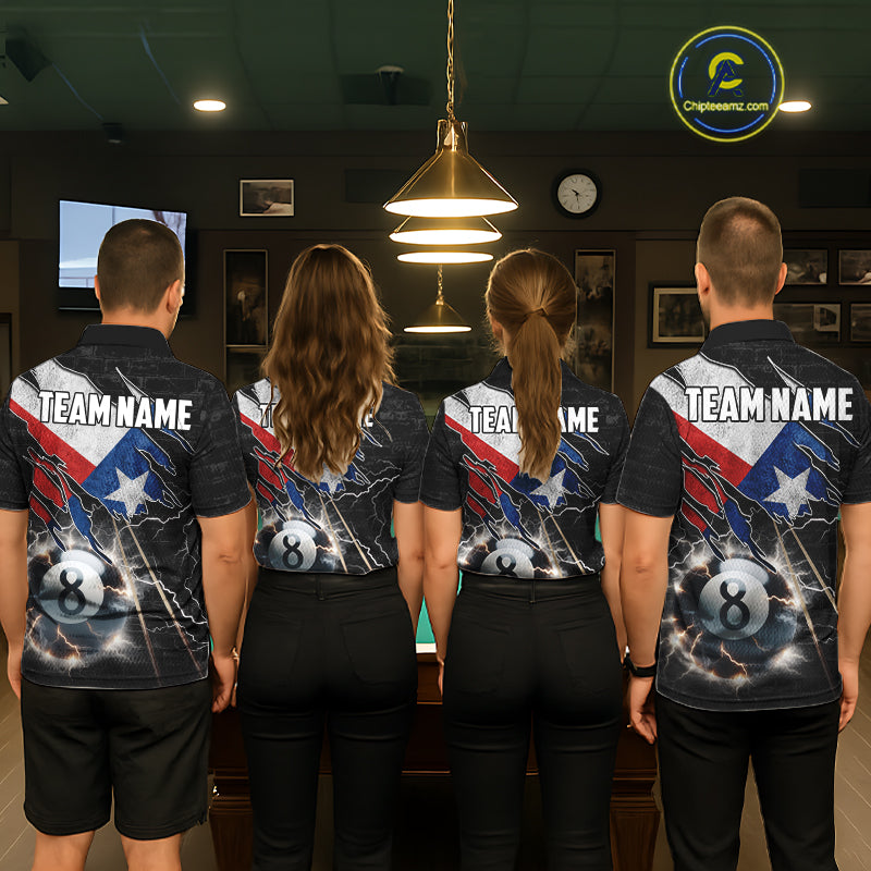 Pool Team Wearing Texas Flag Lightning 8 Ball Custom Billiard Team Jerseys Featuring the Complete Back Artwork, Back View