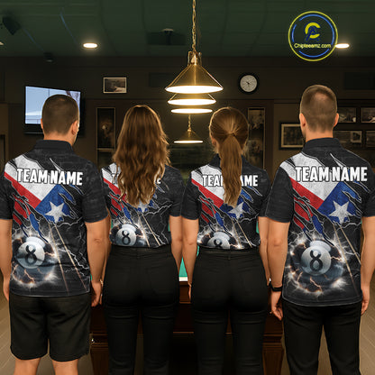 Pool Team Wearing Texas Flag Lightning 8 Ball Custom Billiard Team Jerseys Featuring the Complete Back Artwork, Back View
