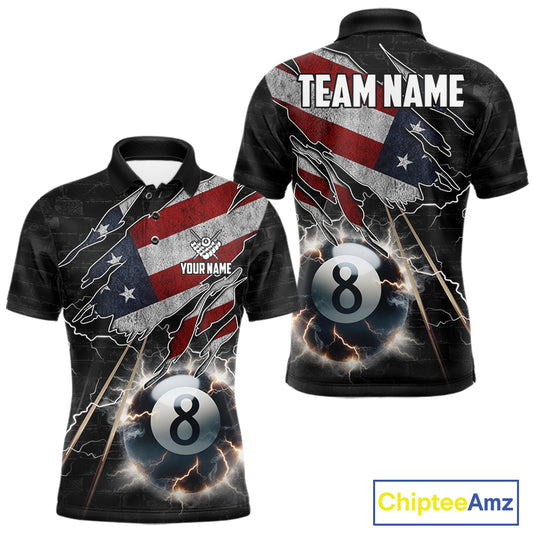 Custom American Flag Lightning 8 Ball Pool Polo Shirt Designed for Personalized Patriotic Billiard Team Jerseys with Bold Athletic Style