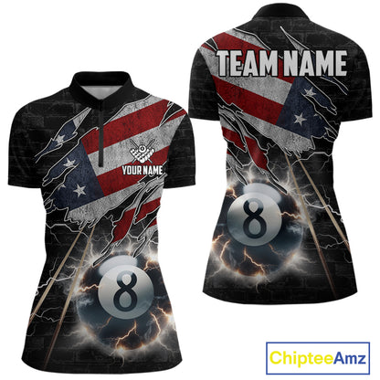 American Flag Lightning 8 Ball Quarter Zip Billiard Shirt Created for Pool League Teams with Patriotic Artwork and Custom Jersey Design