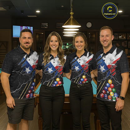 Pool Team Wearing Personalized Texas Flag 8 Ball Patriotic Billiard Jerseys During League Competition and Team Tournament Play, Front View