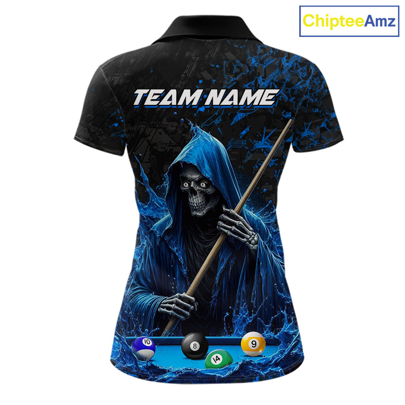Custom Blue Grim Reaper 8 Ball 9 Ball Pool Polo Shirt Designed for Personalized Billiard Team Jerseys with Premium Athletic Performance and League Style
