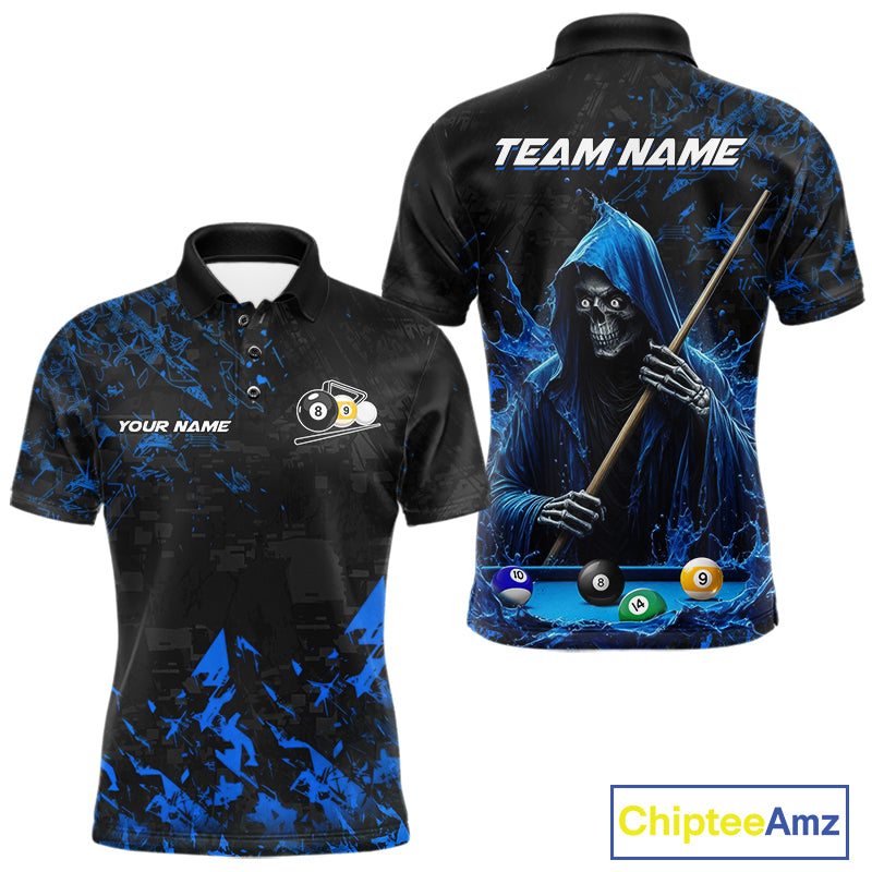 Personalized Blue Grim Reaper 8 Ball 9 Ball Billiard League Polo Shirt Featuring a Bold Custom Design for Pool League Players, Team Matches, and Tournament Competition