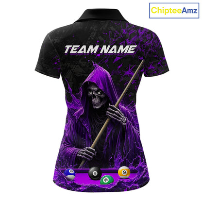 Custom Purple Grim Reaper 8 Ball 9 Ball Pool Polo Shirt Designed for Personalized Billiard Team Jerseys with Premium Athletic Performance Style