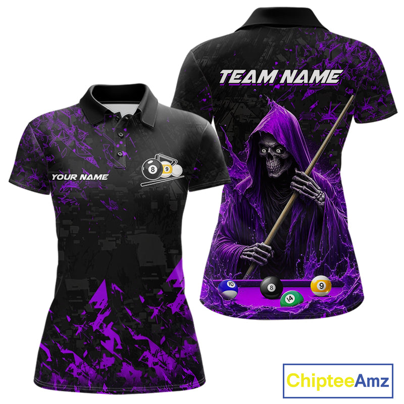 Personalized Purple Grim Reaper 8 Ball 9 Ball Billiard League Polo Shirt Featuring a Bold Custom Design for Pool League Players and Team Competition