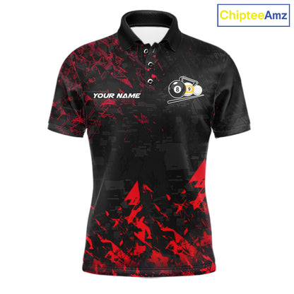 Personalized Red Grim Reaper 8 Ball 9 Ball Billiard League Polo Shirt Featuring a Custom Design for Pool League Players and Team Competition