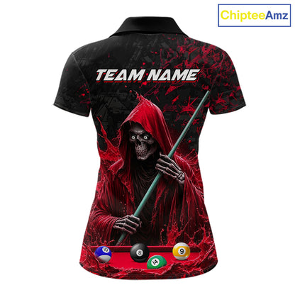 Custom Red Grim Reaper 8 Ball 9 Ball Pool Polo Shirt Designed for Personalized Billiard Team Jerseys with Premium Athletic League Style