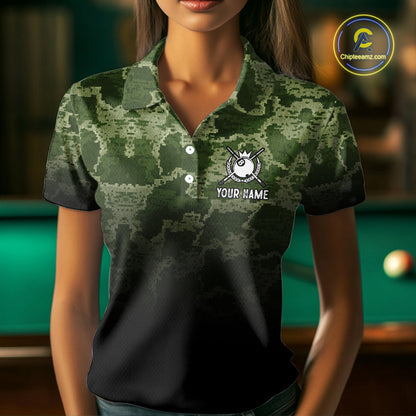 Black And Green Camo American Flag 8 Ball Billiard Shirt For Women Custom Patriotic Pool Team Jersey TDM5036