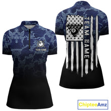 Load image into Gallery viewer, Black And Blue Camo American Flag 8 Ball Billiard Shirt For Women Custom Patriotic Pool Team Jersey TDM5037