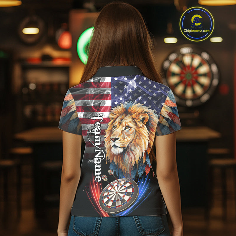 American Flag Smoke Lion Darts Shirt For Women Custom Patriotic Darts Jersey Team Polo, 1/4 Zip TDM5258