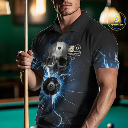 Blue Billiard 8 Ball & 9 Ball Skull Pool Shirt For Men Custom Glass Break Billiard Team Jersey TDM5513