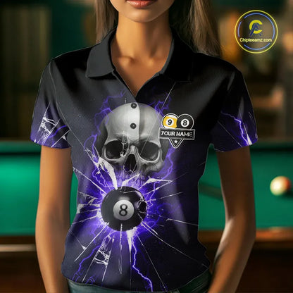 Purple Billiard 8 Ball & 9 Ball Skull Pool Shirt For Women Custom Glass Break Billiard Team Jersey TDM5514