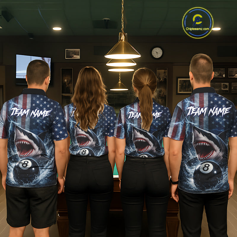 American Flag Shark 8 Ball Billiard Shirt For Men Custom Lightning Patriotic Pool Team Jersey TDM5769