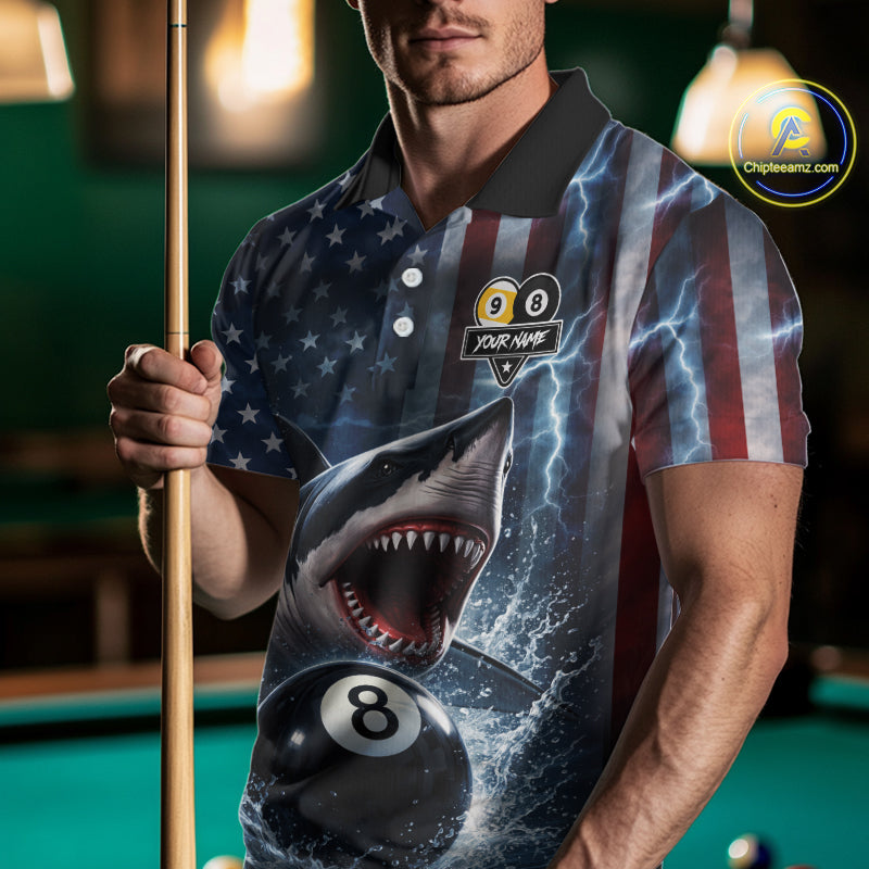 American Flag Shark 8 Ball & 9 Ball Billiard Shirt For Men Custom Lightning Patriotic Pool Jersey TDM5770