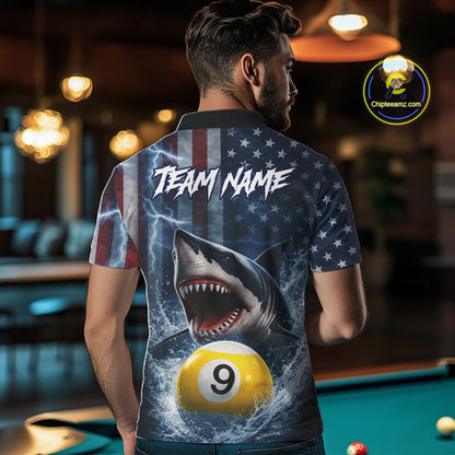 American Flag Shark 8 Ball & 9 Ball Billiard Shirt For Men Custom Lightning Patriotic Pool Jersey TDM5770