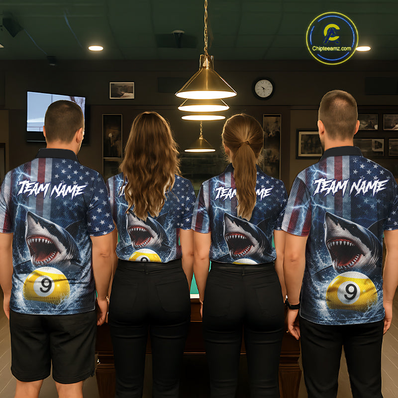 American Flag Shark 8 Ball & 9 Ball Billiard Shirt For Women Custom Lightning Patriotic Pool Jersey TDM5770