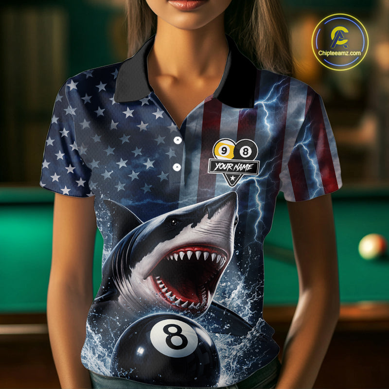American Flag Shark 8 Ball & 9 Ball Billiard Shirt For Women Custom Lightning Patriotic Pool Jersey TDM5770