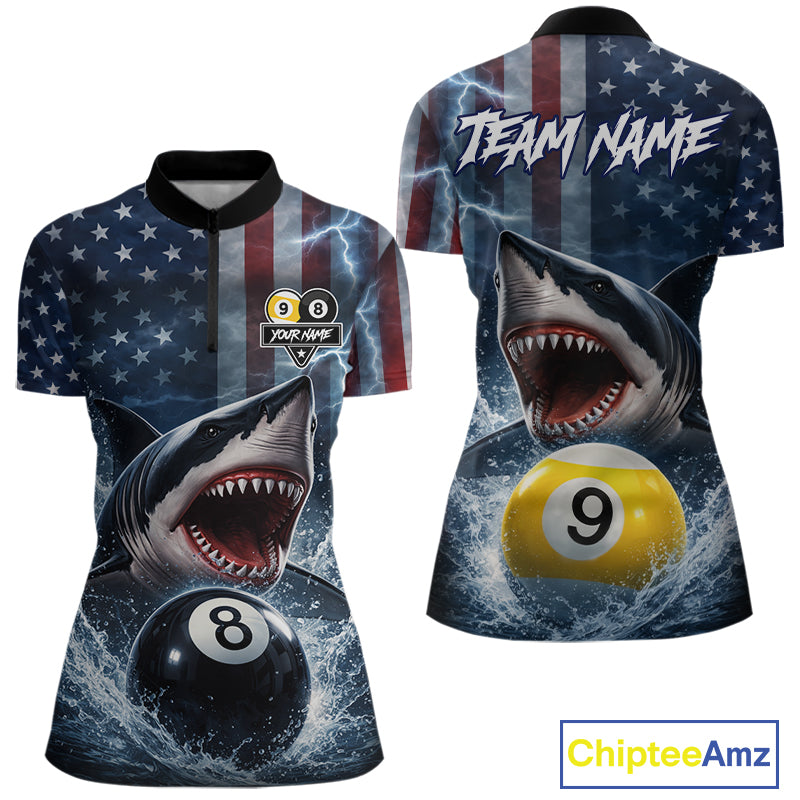 American Flag Shark 8 Ball & 9 Ball Billiard Shirt For Women Custom Lightning Patriotic Pool Jersey TDM5770