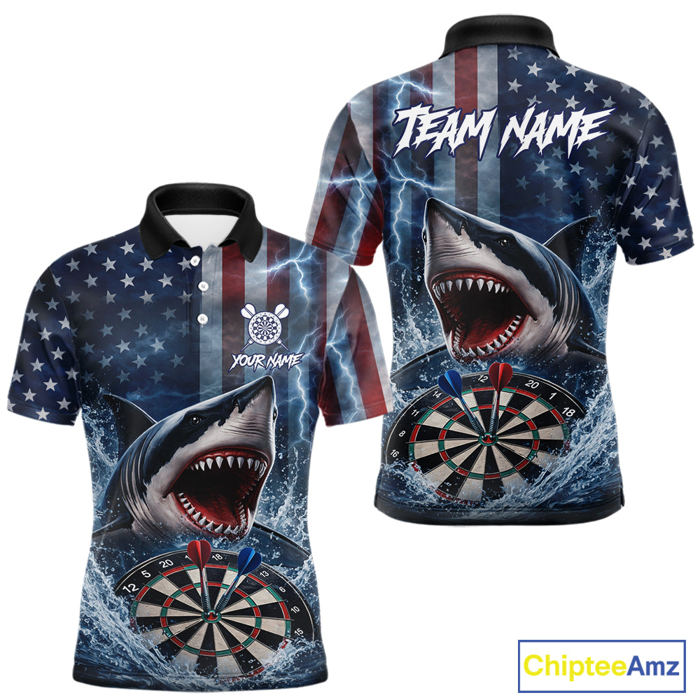 American Flag Shark Darts Shirt For Men Custom Lightning Patriotic Dart Jersey Team Polo & 1/4 Zip TDM5771