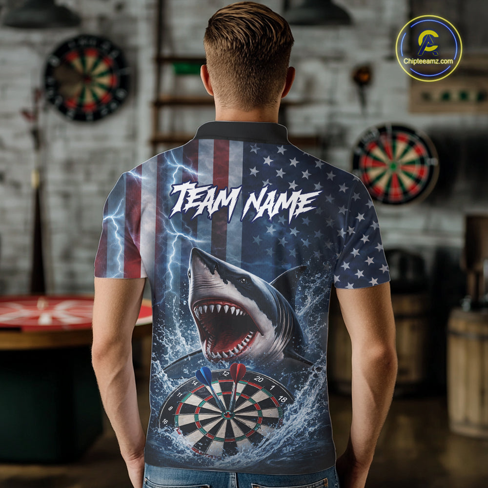 American Flag Shark Darts Shirt For Men Custom Lightning Patriotic Dart Jersey Team Polo & 1/4 Zip TDM5771