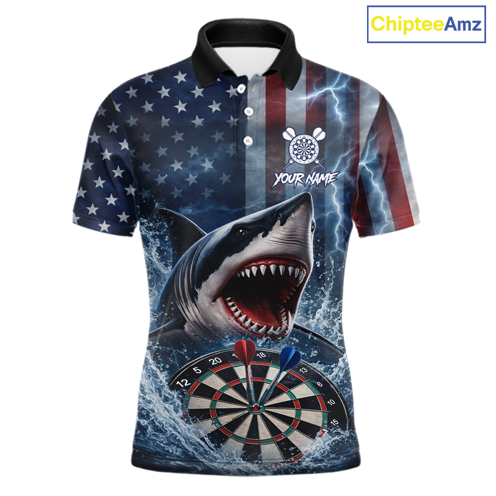 American Flag Shark Darts Shirt For Men Custom Lightning Patriotic Dart Jersey Team Polo & 1/4 Zip TDM5771