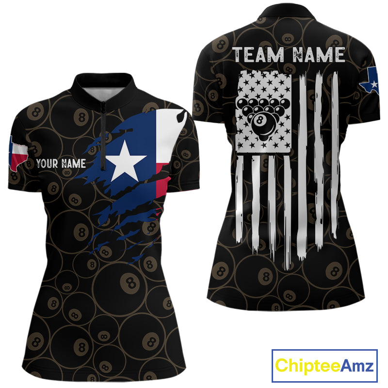 Personalized Texas Flag 8 Ball Pool Shirt For Women Custom US Flag Billiard Jersey Polo & 1/4 Zip TDM6137