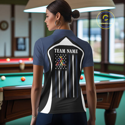 Blue Funny 8 Ball Pool US Flag Billiard Shirt For Women Custom Billiard Team Jersey Polo & 1/4 Zip TDM6365