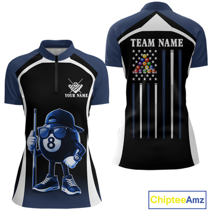 Blue Funny 8 Ball Pool US Flag Billiard Shirt For Women Custom Billiard Team Jersey Polo & 1/4 Zip TDM6365