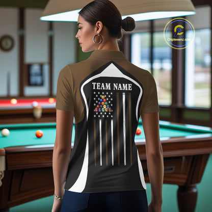 Brown Funny 8 Ball Pool US Flag Billiard Shirt For Women Custom Billiard Team Jersey Polo & 1/4 Zip TDM6366
