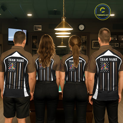 Brown Funny 8 Ball Pool US Flag Billiard Shirt For Men Custom Billiard Team Jersey Polo & 1/4 Zip TDM6366