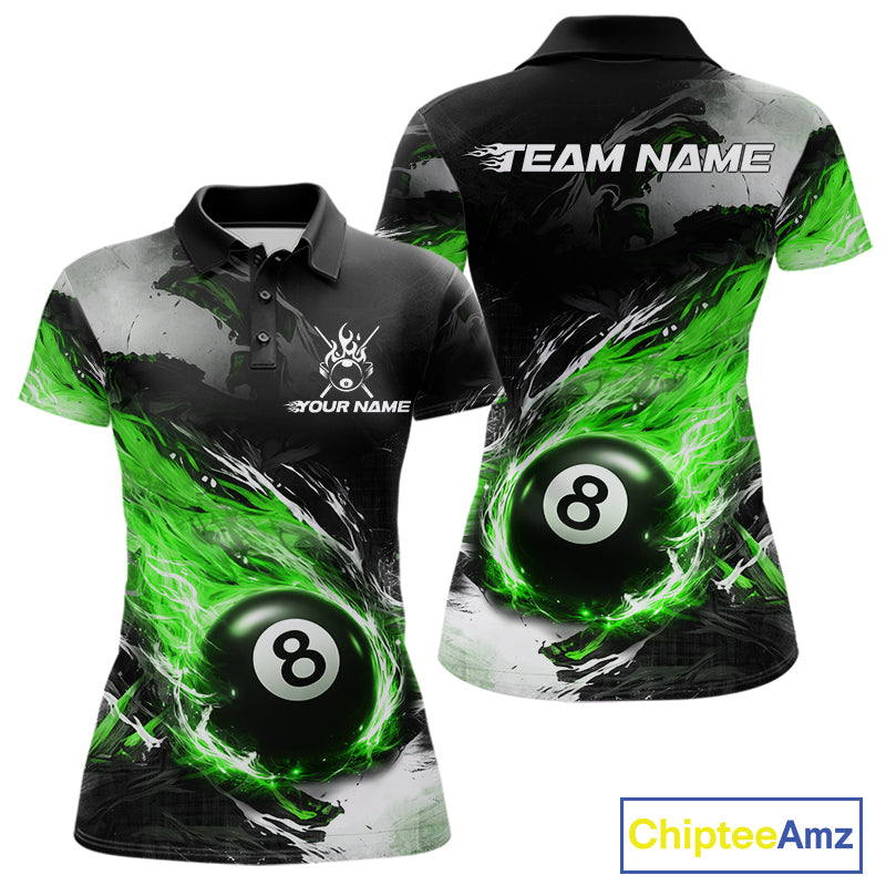 Custom Green Flaming 8 Ball Pool Billiard Shirt For Women, Billiard Team Jersey Polo & 1/4 Zip TDM6371