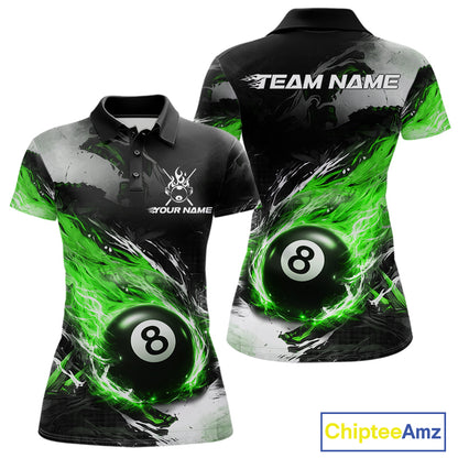 Custom Green Flaming 8 Ball Pool Billiard Shirt For Women, Billiard Team Jersey Polo & 1/4 Zip TDM6371