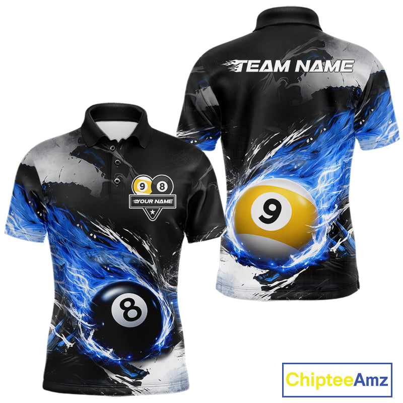Custom 8 Ball & 9 Ball Pool Blue Flame Billiard Shirt For Men, Billiard Team Jersey Polo & 1/4 Zip TDM6372