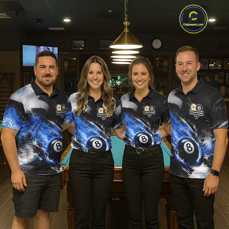 Custom 8 Ball & 9 Ball Pool Blue Flame Billiard Shirt For Women, Billiard Team Jersey Polo & 1/4 Zip TDM6372