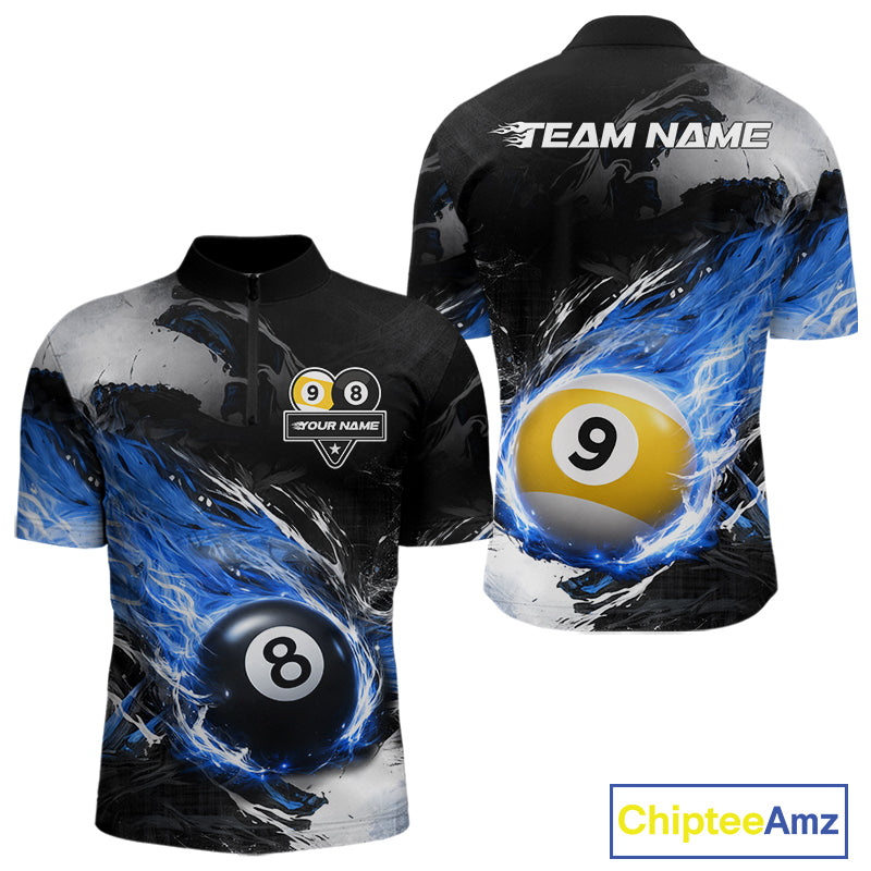 Custom 8 Ball & 9 Ball Pool Blue Flame Billiard Shirt For Men, Billiard Team Jersey Polo & 1/4 Zip TDM6372