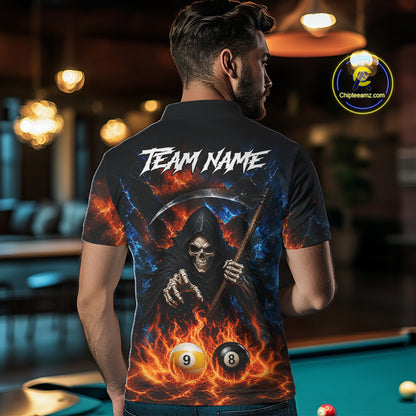 Custom 8 Ball & 9 Ball Fire Grim Reaper Billiard Shirt For Men, Pool Team Jersey Polo & 1/4 Zip TDM6562