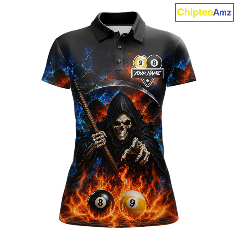 Custom 8 Ball & 9 Ball Fire Grim Reaper Billiard Shirt For Women, Pool Team Jersey Polo & 1/4 Zip TDM6562