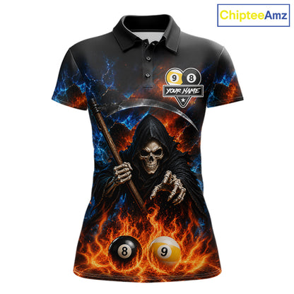 Custom 8 Ball & 9 Ball Fire Grim Reaper Billiard Shirt For Women, Pool Team Jersey Polo & 1/4 Zip TDM6562