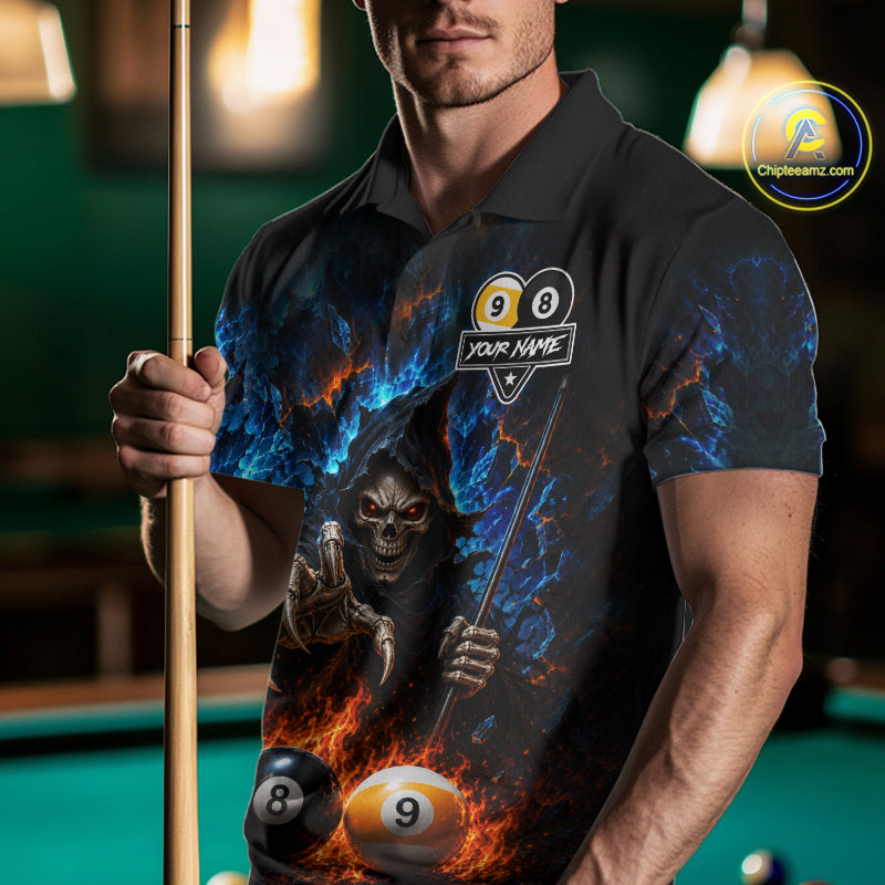 Custom Fire 8 Ball & 9 Ball Grim Reaper Billiard Shirt For Men, Pool Team Jersey Polo & 1/4 Zip TDM6563