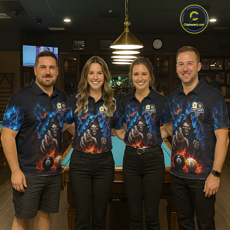 Custom Fire 8 Ball & 9 Ball Grim Reaper Billiard Shirt For Men, Pool Team Jersey Polo & 1/4 Zip TDM6563