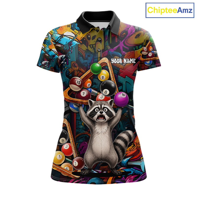 Colorful Billiard Jersey Custom Funny Raccoon Graffiti Billiard Polo & Quarter Zip Shirts For Women TDM6565