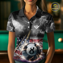 Load image into Gallery viewer, Black Purple American Flag Thunder Lightning 8 Ball Billiard Shirt For Women Custom Pool Team Jersey TDM5267
