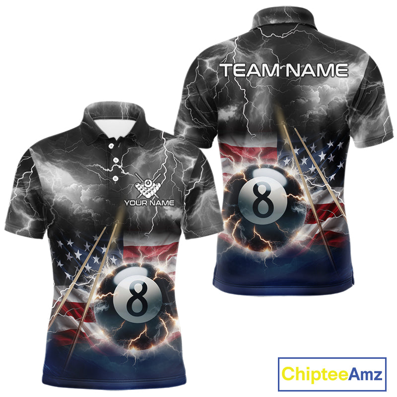Black Blue American Flag Thunder Lightning 8 Ball Billiard Shirt For Men Custom Pool Team Jersey TDM5268