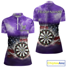 Load image into Gallery viewer, Purple American Flag Thunder Lightning Darts Shirt For Women Custom Darts Jersey Team Polo &amp; 1/4 Zip TDM5269