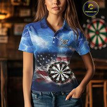 Load image into Gallery viewer, Blue American Flag Thunder Lightning Darts Shirt For Women Custom Darts Jersey Team Polo &amp; 1/4 Zip TDM5270