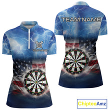 Load image into Gallery viewer, Blue American Flag Thunder Lightning Darts Shirt For Women Custom Darts Jersey Team Polo &amp; 1/4 Zip TDM5270