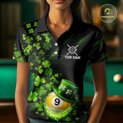 Green Luckiest Shamrock 9 Ball Billiard Shirt For Women Custom St Patrick Day Pool Team Jersey TDM5779