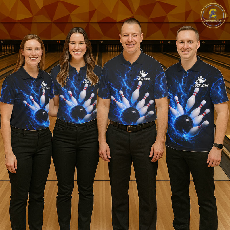 Personalized Blue Thunder Lightning Bowling Jersey For Women, Bowling League Shirts Polo & 1/4 Zip TDM6573